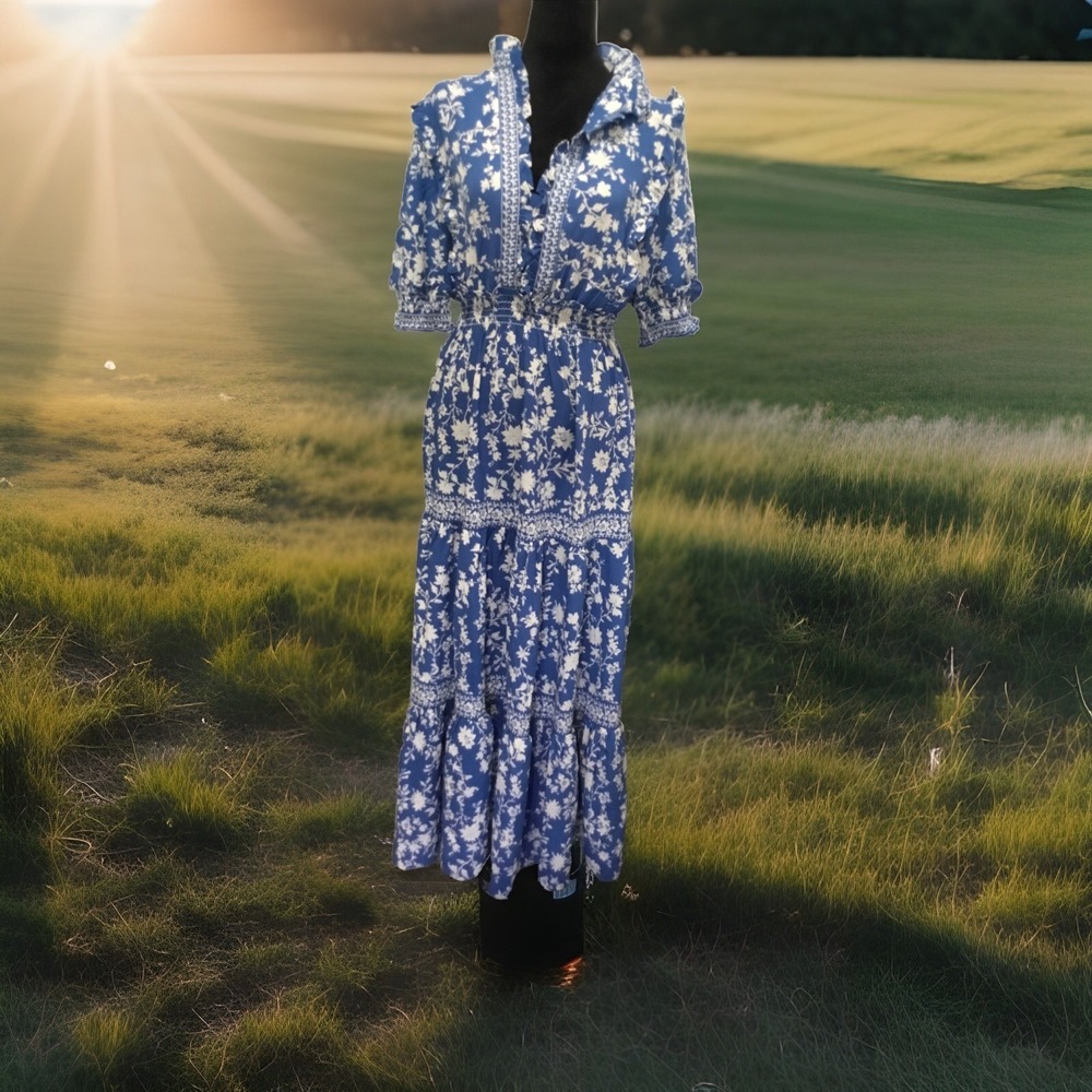 max studio dress L  Blue Cream  floral tiered maxi Boho Costal Cowgirl